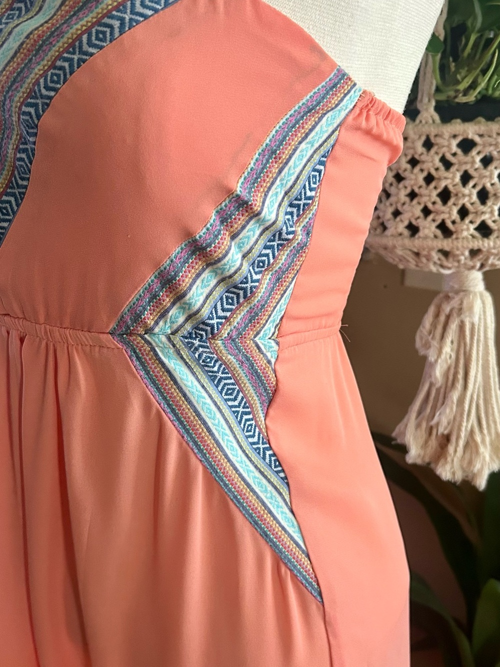 Strapless Coral Dress with Multicolor Embroidered V-Neck - Picture 5 of 11